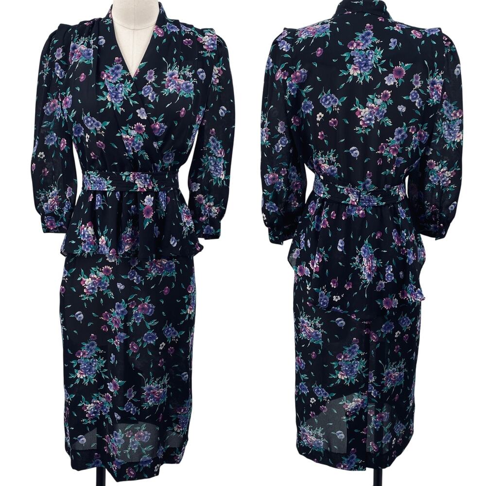 Vintage 80s Floral Print Shirt Dress Peplum Ruffle Faux Wrap Black Purple Small
